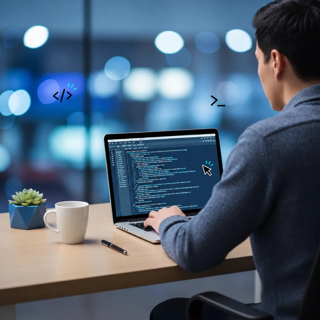 Web developer coding on a laptop with hand-drawn code doodles overlay